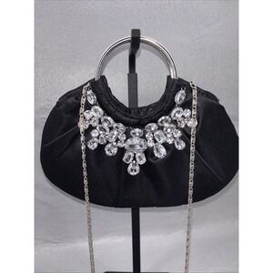 Lulu Townsend Black Satin Rhinestones Evening Bag Round Chrome Handle Crossbody